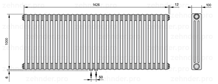 Схема (чертеж) Радиатор Zehnder Charleston 3100/31 №3470 Белый глянцевый RAL 9016